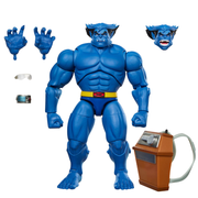 marvel-legends-x-men-97-marvels-beast-action-figure Blue Marvel action figure with interchangeable heads and hands, a yellow belt, and an orange device accessory on a plain white background.