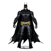 A detailed Batman action figure or collectible statue in a full crouched stance, wearing a textured black armored suit with a gold utility belt and flowing black cape, standing on a clear circular display base against a plain white background.